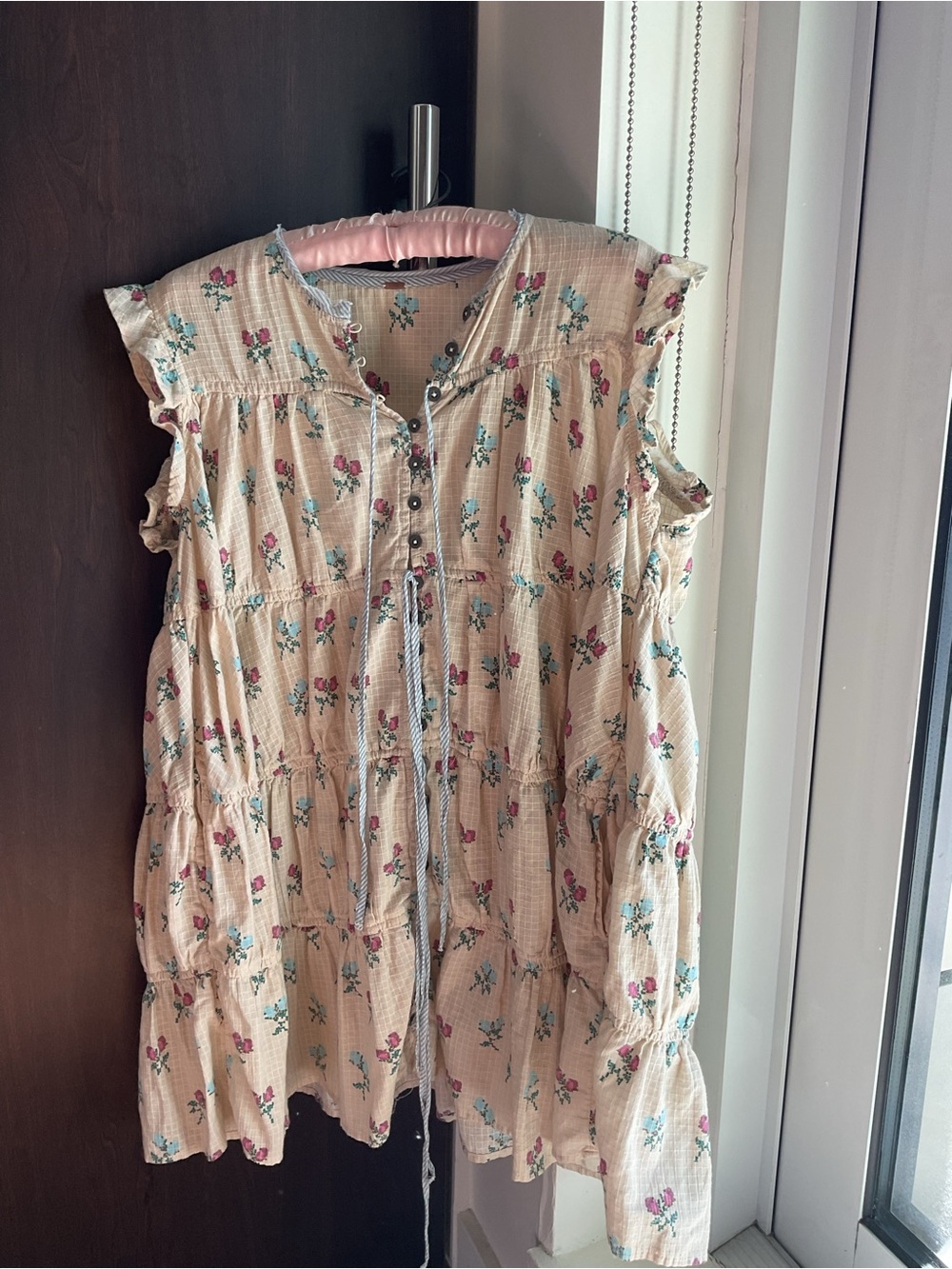 Free People Cream Floral Tiered Mini dress with Pink & Green Accents